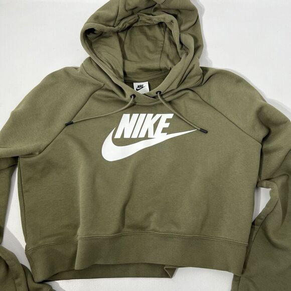 Nike Essential Cropped Hooded SweatshirtMedium Green Spellout Streetwear NSW - Picture 2 of 9
